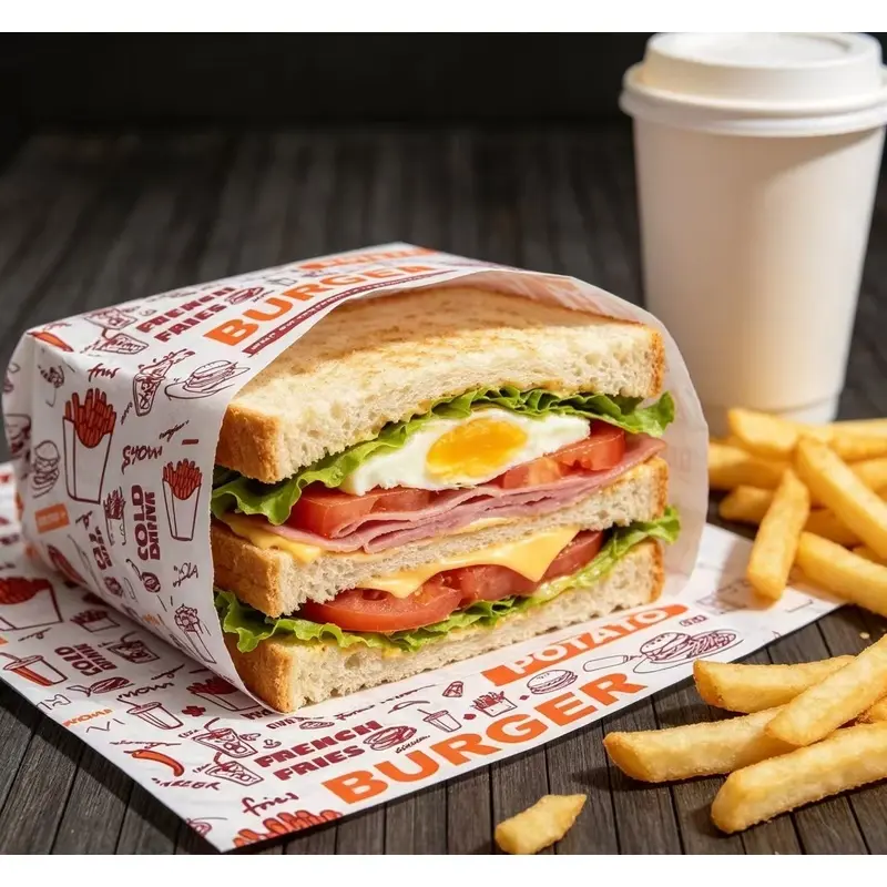 50Pcs Greaseproof Burger Wrapping Paper, Food Grade Sandwich Bread Wrap Paper, Vintage Dessert Printed Bakery Packaging Paper for Baguette, Hot Dog, Takeaway