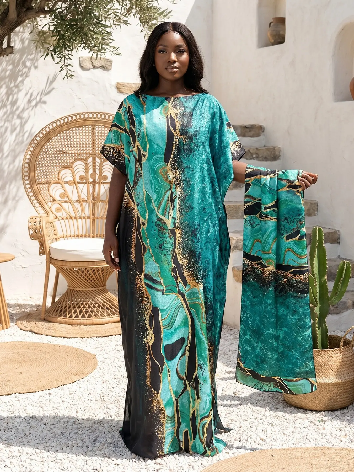 2-Piece Emerald Green Gold Marble Silky Caftan Dress Set with Scarf, Women's Abstract Print Maxi Dress, Loose Fit Plus Size Resort Wear, Casual Wear