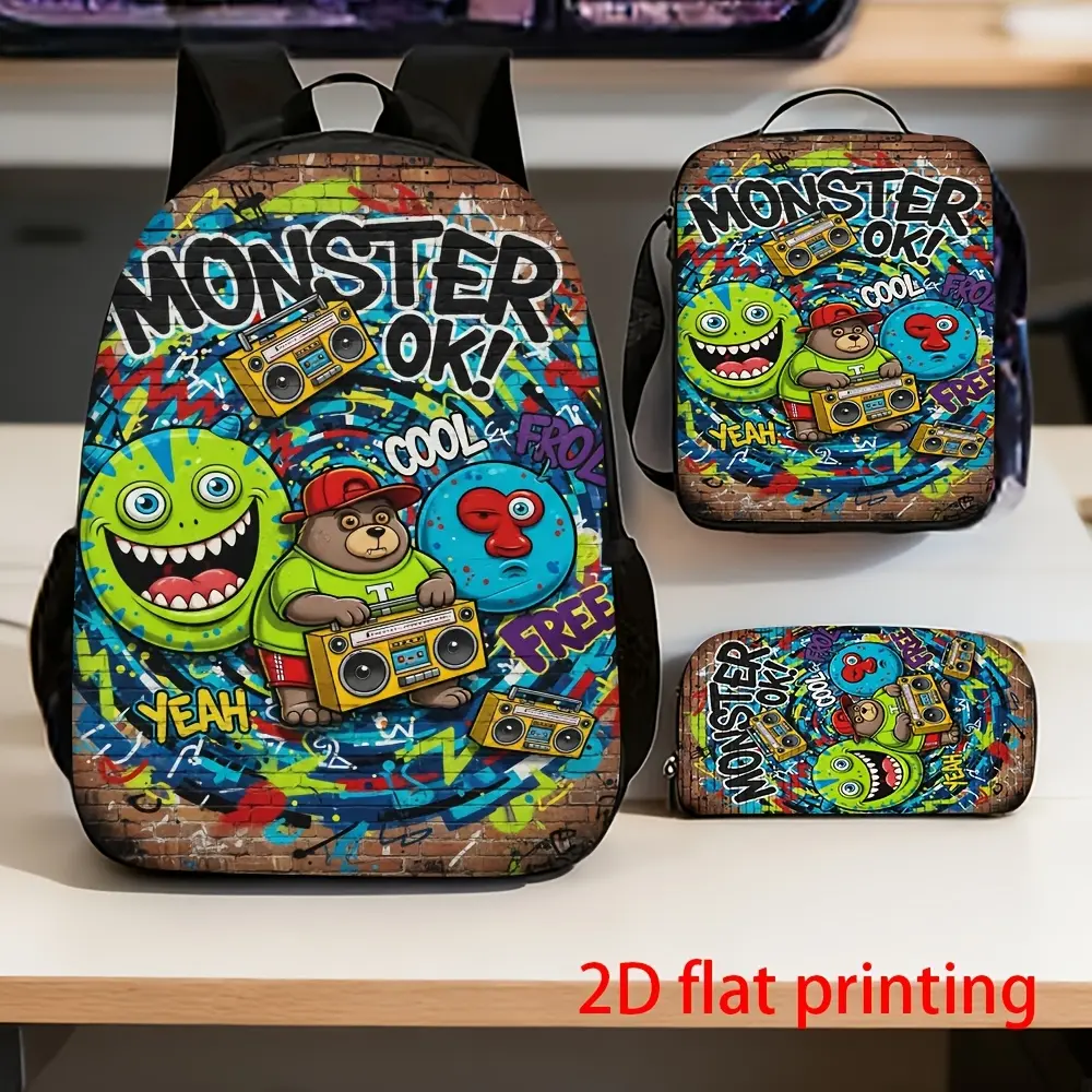 Kids' 3-Piece Waterproof Oxford Cloth Backpack Set - Durable, Lightweight School Bag with Lunch Box, 15in Soft Padded Strap Laptop Bag, Vintage Brick Wall Background Colorful Graffiti Monster Bear Boombox Street Art "MONSTER OK!" Print, Prop 65 Safe, Graf