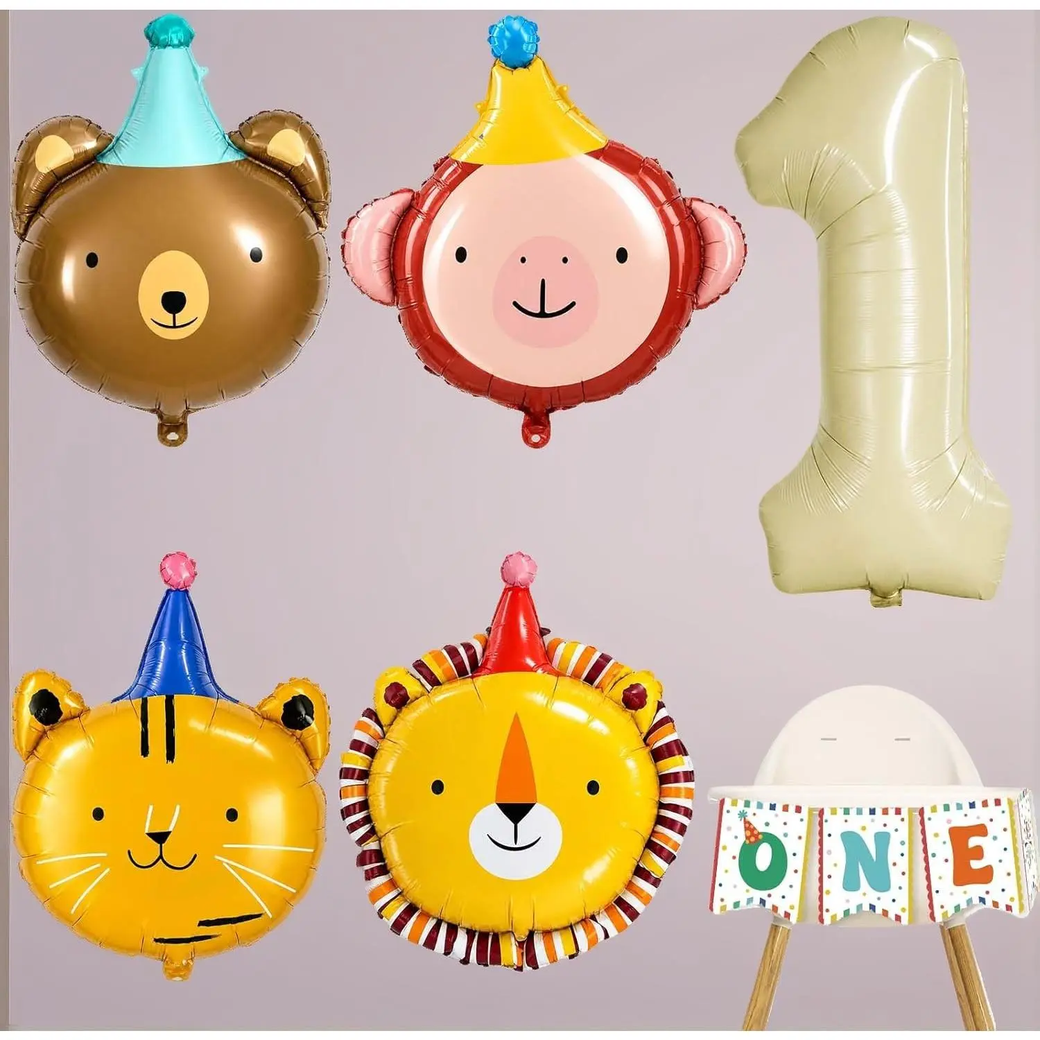 1st Birthday Animal Theme Foil Balloon Kit for Kids - 6 Pcs (Lion, Bear, Monkey, Cat Foil Balloons) + 1 High Chair Banner, DIY Birthday Party Decor for Toys & Hobbies, Birthday Party Decorations