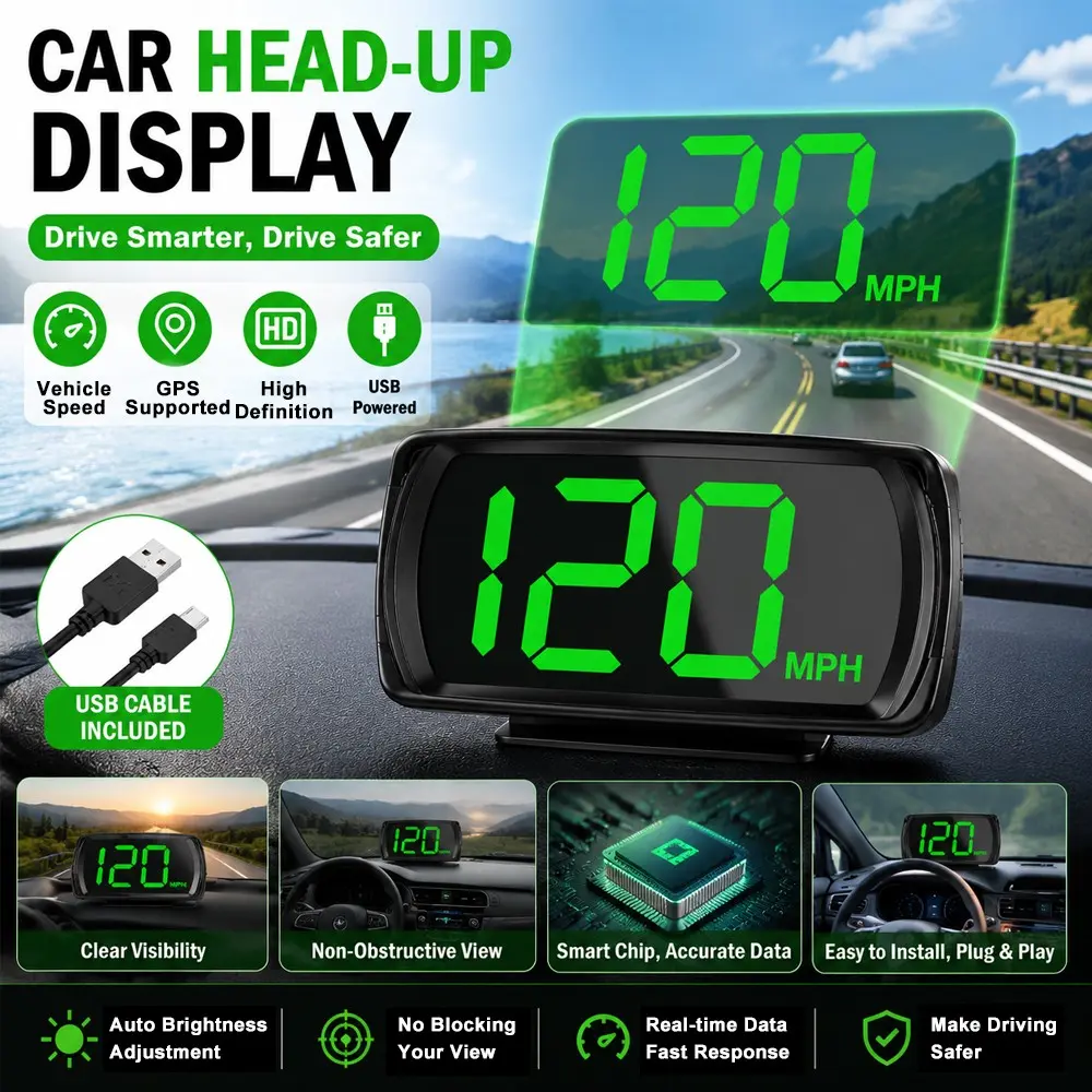 GPS Car HUD Head Up Display Digital Speedometer Universal USB Plug & Play Real-Time Speed Display Auto Brightness HD Speed Meter for All Vehicles Car Gadgets