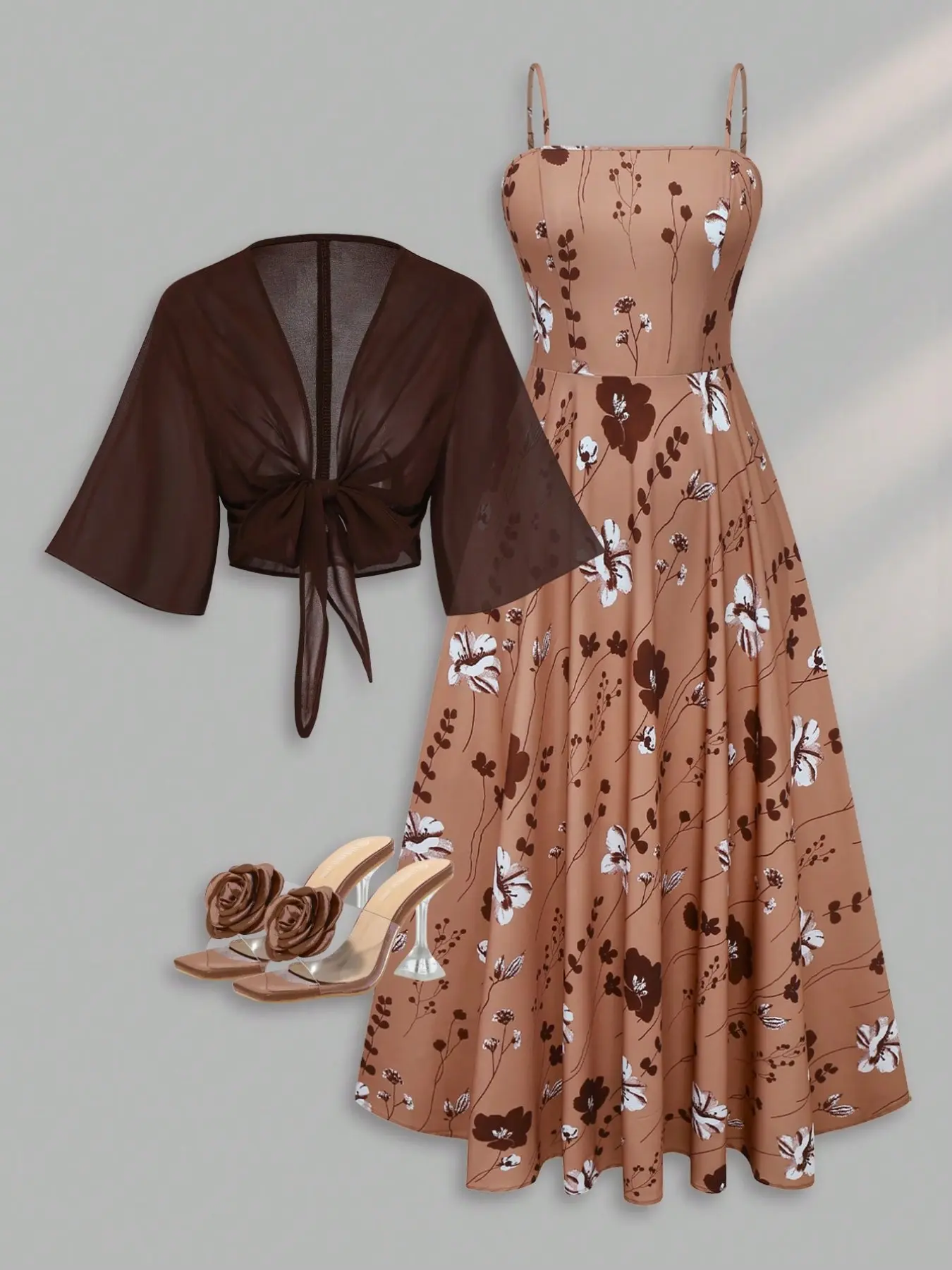 Women's Elegant Floral Print Dress and Chiffon Jacket Set, Romantic Casual Tea Party, Beach Vacation Two-Piece Set
