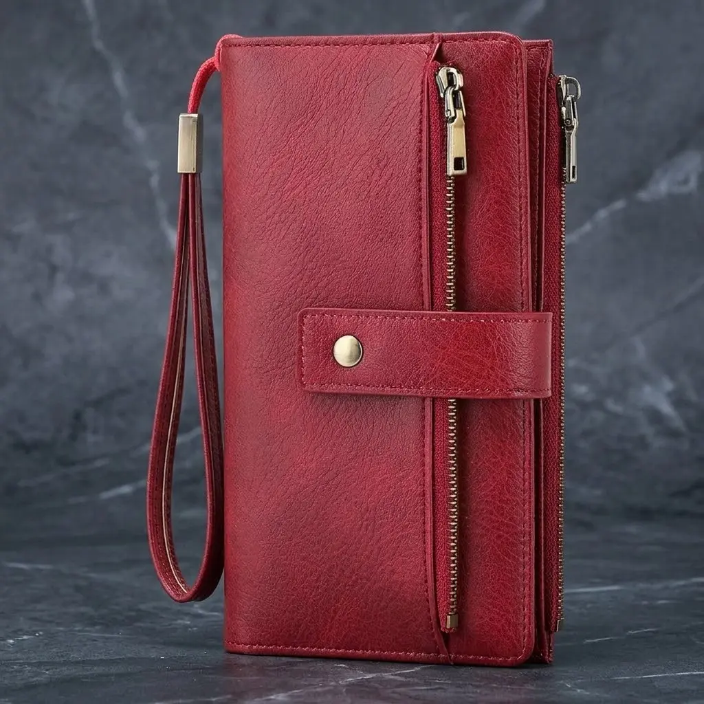 Women's RFID Blocking Leather Long Wallet - Stylish Clutch Purses Wallet, Elegant Solid Color (Burgundy), Money Wallet, Casual Trendy Wallet