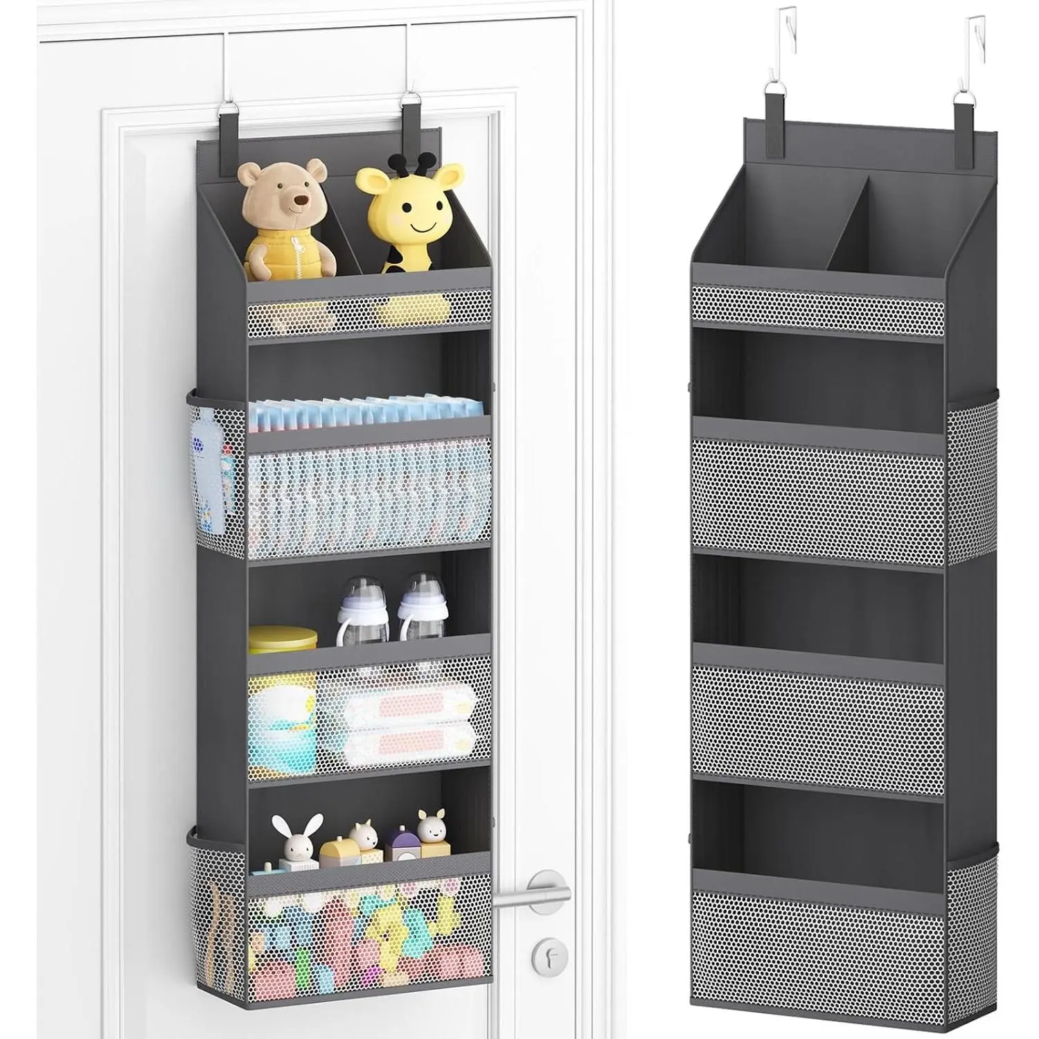Large 4-Tier Over-the-Door Diaper Organizer with 4 Mesh Side Pockets, Heavy Duty Hanging Storage for Nursery, Baby Stuff, Toys, Pantry, Laundry, Bathroom - Gray(Gift)