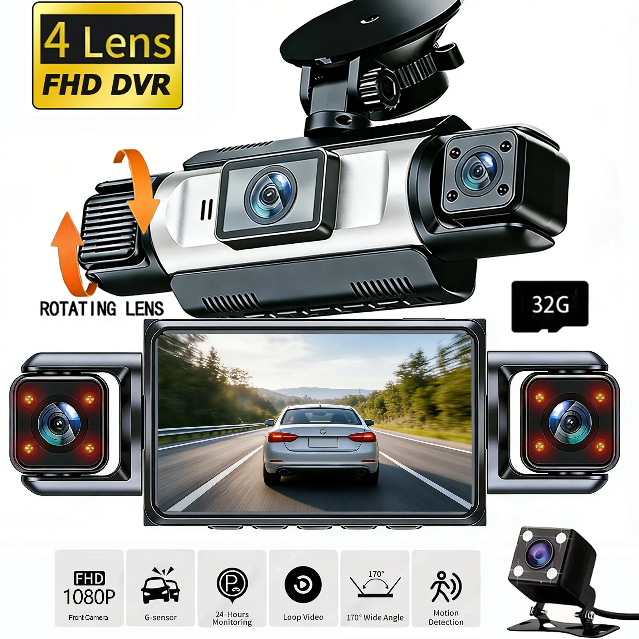 4 Channel Dash Cam: 1080P Front + 720P Other Channels, Night Vision, Loop Recording, Parking Monitor (Hardwire Kit Required), Easy-Install Suction Mount & Multi-Language Support, HD Car Camera, HD Automotive Dashcam | Car Accessories