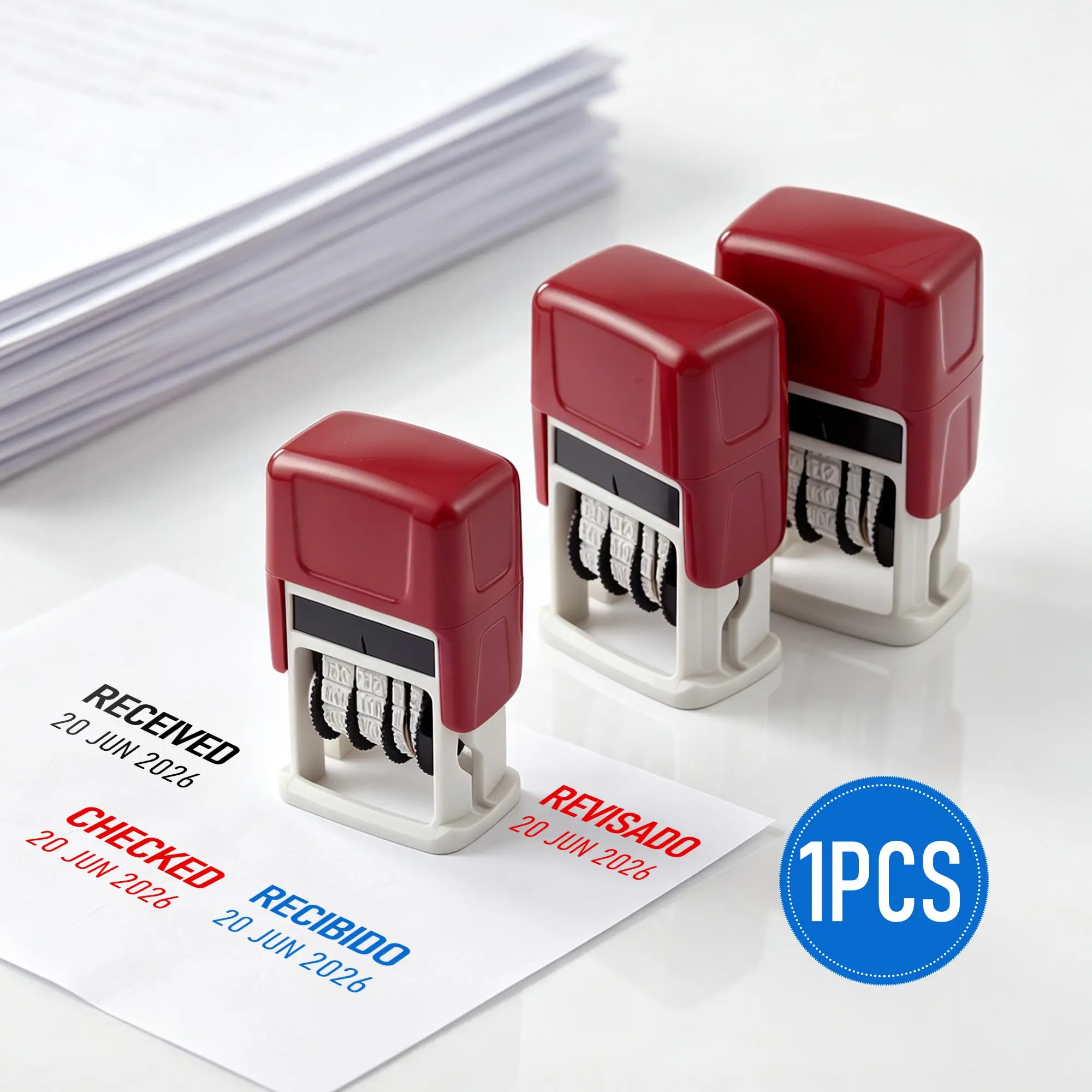OBBOCK Self-Inking Date Stamp, Multi Markers Paid Payé Pagado Received Checked, Rubber Office Stamper for Business Invoices & Mails