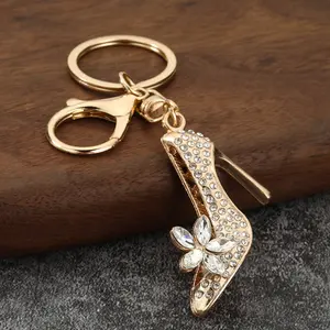 Gold Rhinestone Floral High Heel Keychain | Crystal Shoe Bag Charm for Handbags & Car Keys