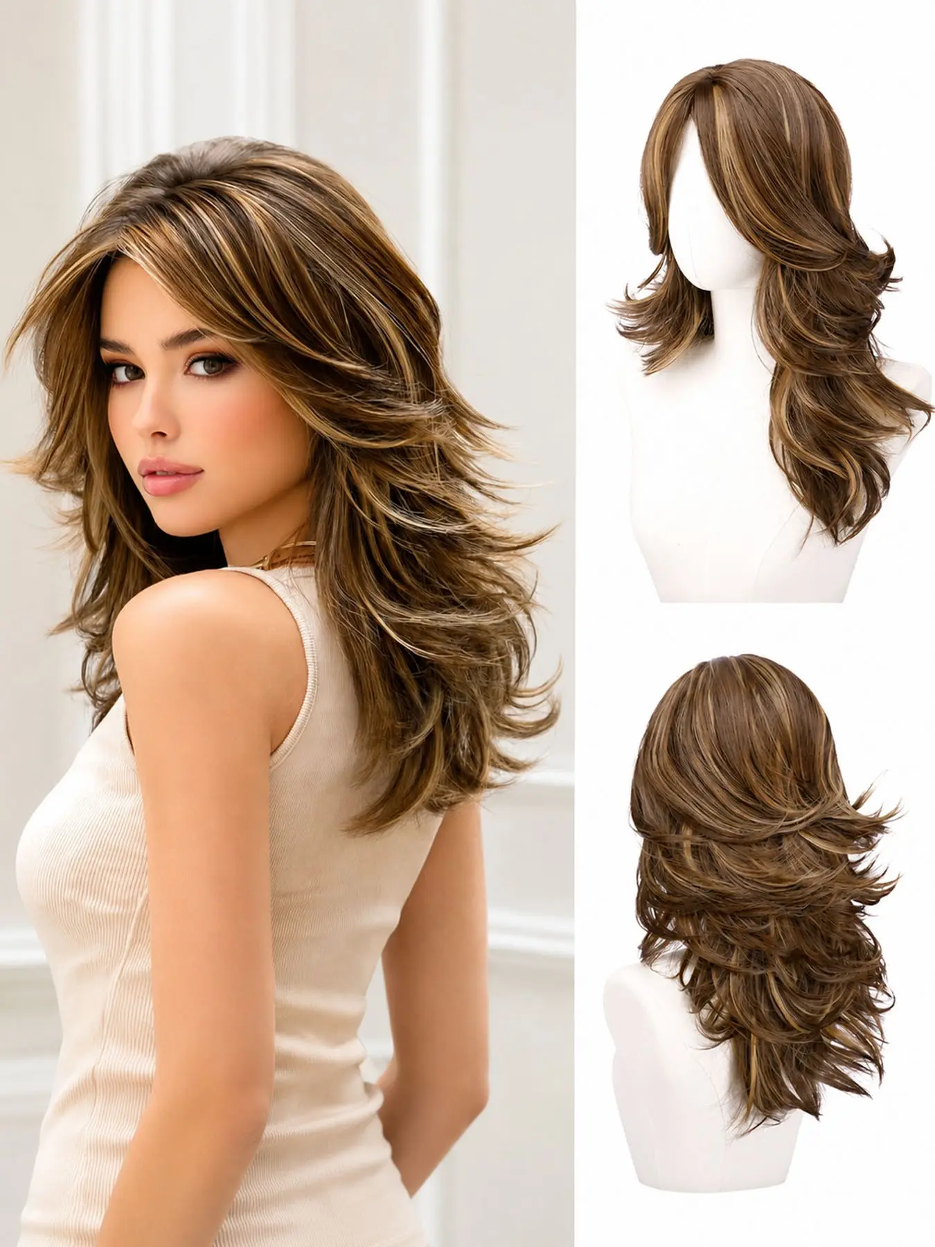 Brown Layered Wigs with Curtain Bangs Lace Front Hairline Long Wavy Natural Looking Middle Part Synthetic Hair Wig for Women Daily Party Costume, 20 Inch Brown Mixed Blonde