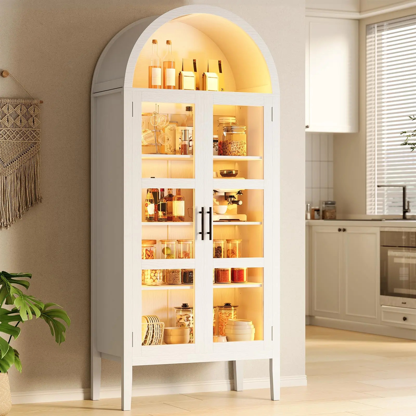 Garvee 71'' Tall Arched Storage Cabinet with 3 Color Lights, 5-Tier Kitchen Pantry Cabinet Featuring Glass Doors, Modern Versatile Arched Bookshelf for Dining Room, Entryway, Living Room in White