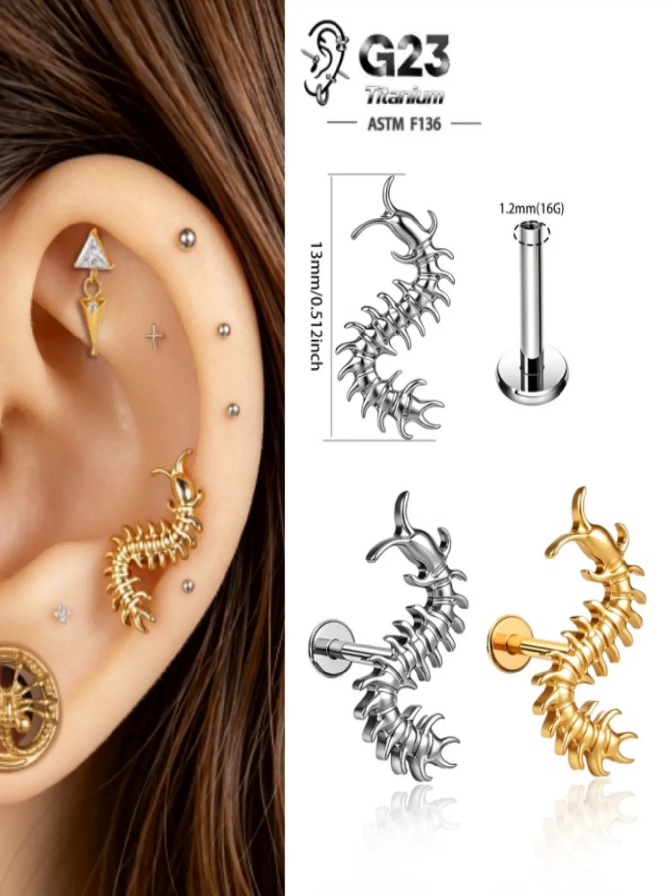 vanku 1pcs G23 Titanium 16g Gothic Centipede Cartilage Earring, Punk Helix Tragus Conch, Daily Wear, Plain Design, All Seasons Body Piercing Jewelry