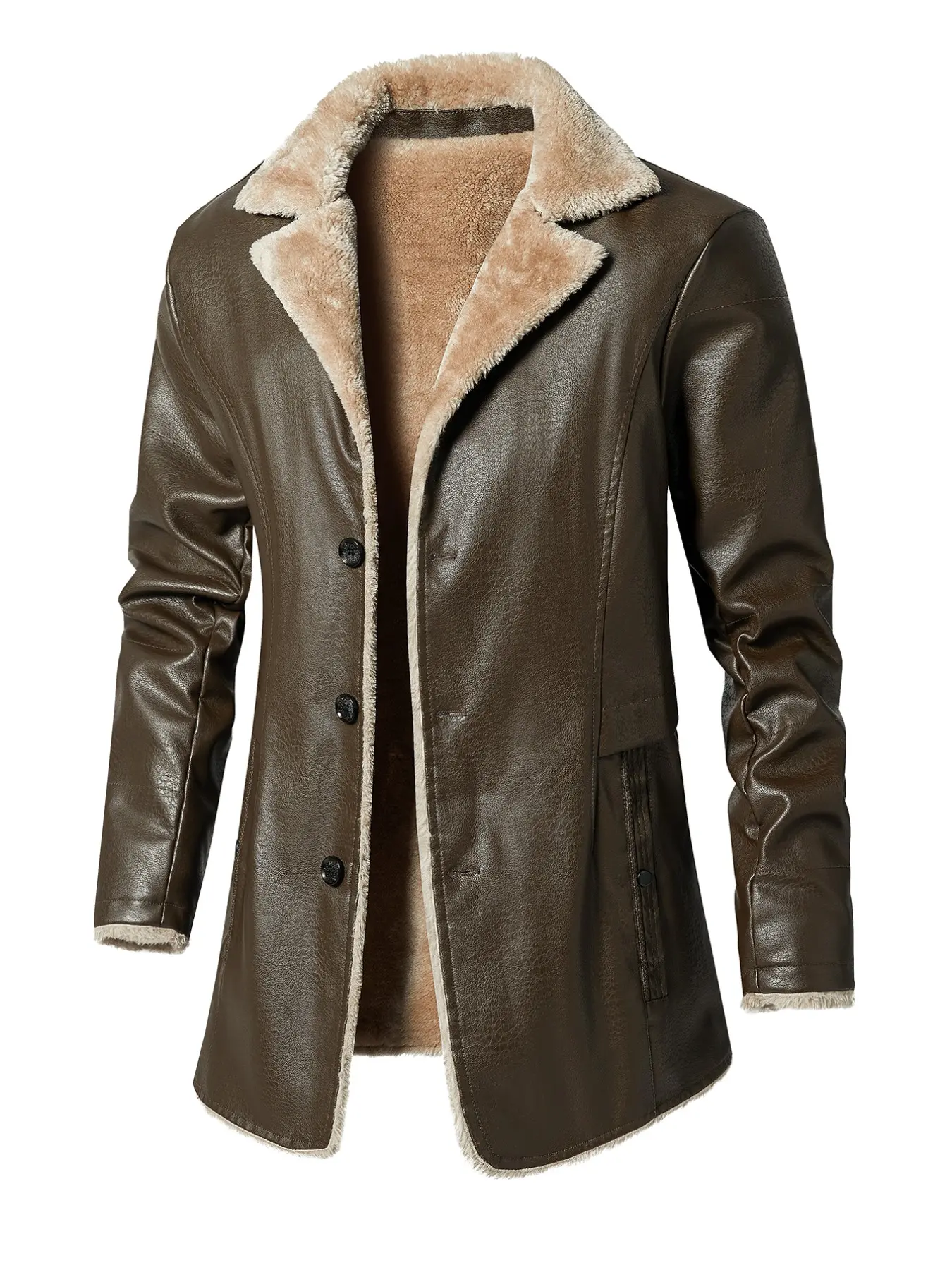 Men's Fashion Casual Stand Collar Long Leather Jacket, Solid Color Fleece Lined Warm Coat, Stylish Winter Outerwear for Men