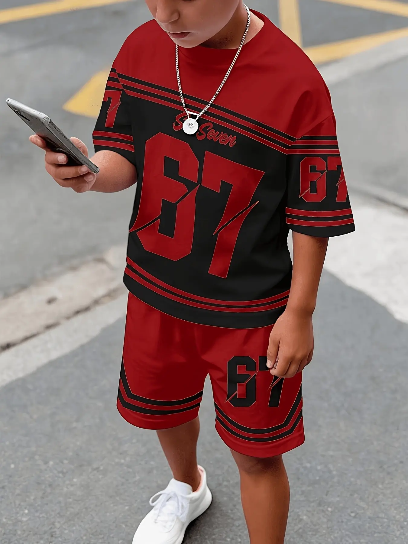 Boys' Colorblock Baseball Style Two-Piece Set, Striped Ribbed Short Sleeve Jersey + Elastic Waist Shorts, Casual Sportswear