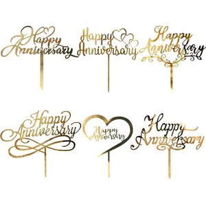 6pcs Gold Acrylic Happy Anniversary Cake Topper Cake Sign, Wedding Party Cake Decorations Supplies