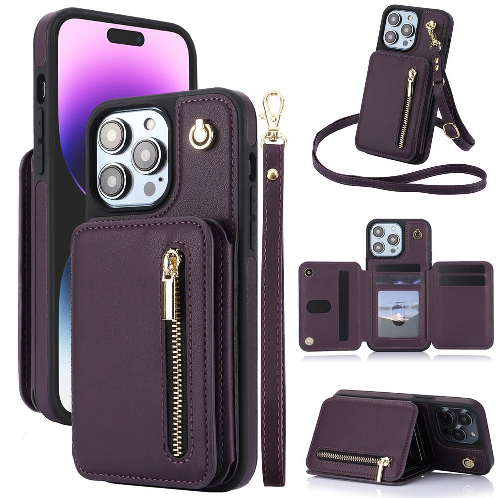 Lotosug Wallet Case for iPhone 17 Pro Max 16 15 14 13 12 11 PU Leather RFID Blocking Cash Holder Card Wallet Flip Stand Protective Cover Crossbody Lanyard Strap Wristband, Zipper Phone Case