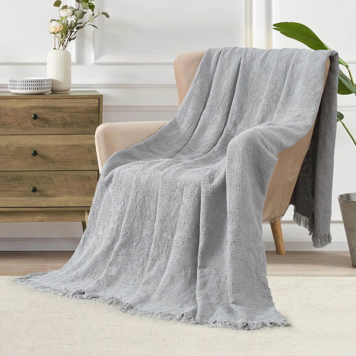 Waffle Weave  Blanket Lightweight Summer Breathable Thin Blankets for Bed Couch Sofa 66 x90 Inches Grey