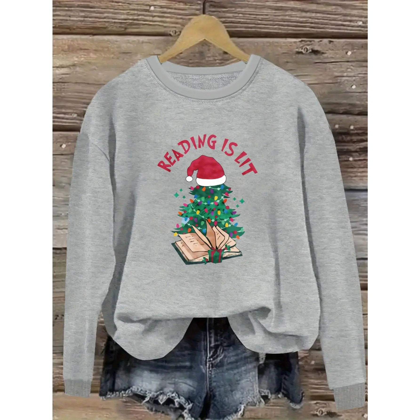 Christmas Pattern Print Reading Is Lit Christmas Tree Leisure Round Neck Long Sleeve Sweatshirt - for Casual Attire, Soft and Comfortable - Fashion Women's Clothing