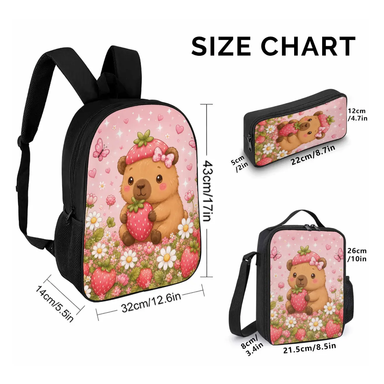 Strawberry Bear schoolbag, children's schoolbag set, backpack lunch box pencil case, cute little girl's schoolbag, essential gift for children during the school season