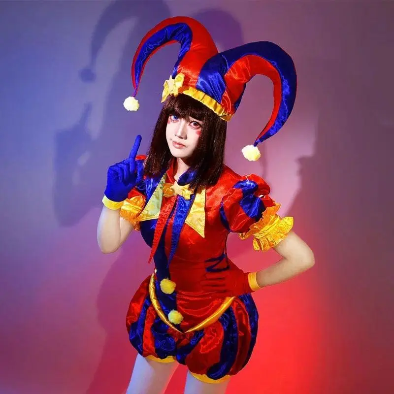 Adult Women Clown Cosplay Costume Jester Costume Blue Red Jumpsuit and Hat with Gloves Socks Christmas Halloween Party Costumes