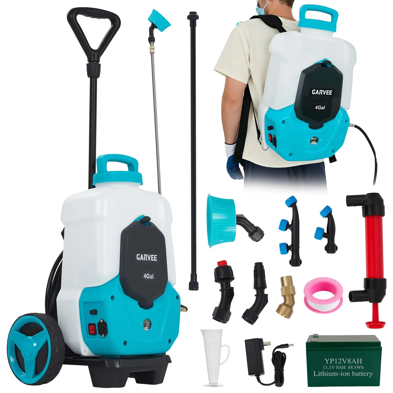 Electric Battery Backpack Sprayer with Wheeled Cart, 4 Gallon, 12V 8Ah Rechargeable, 0-90 PSI Adjustable, 6 Nozzles, 2 Wands, Wide Mouth, 4-6 Hour Runtime, Trigger Lock - Blue