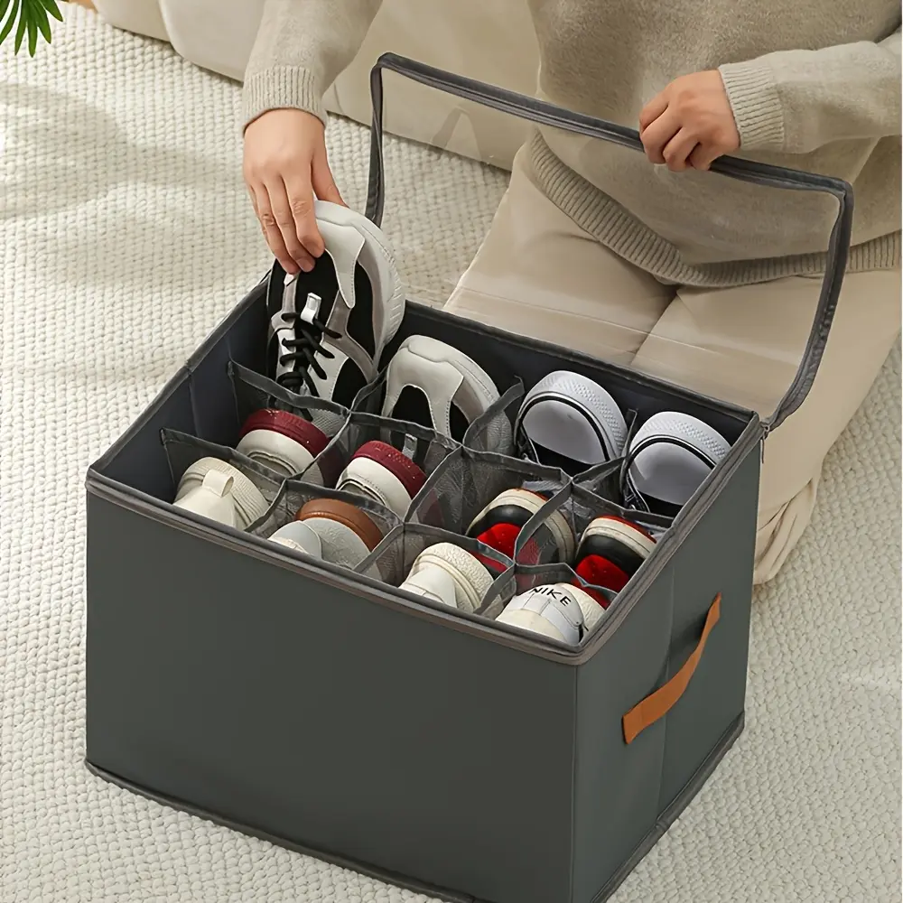 New Foldable Fabric Shoe Storage Box, Divided Organizer with Dustproof Lid, Washable Moisture Resistant Storage Bin for Shoes, Clothes and Accessories, Multi-purpose Home Organizer