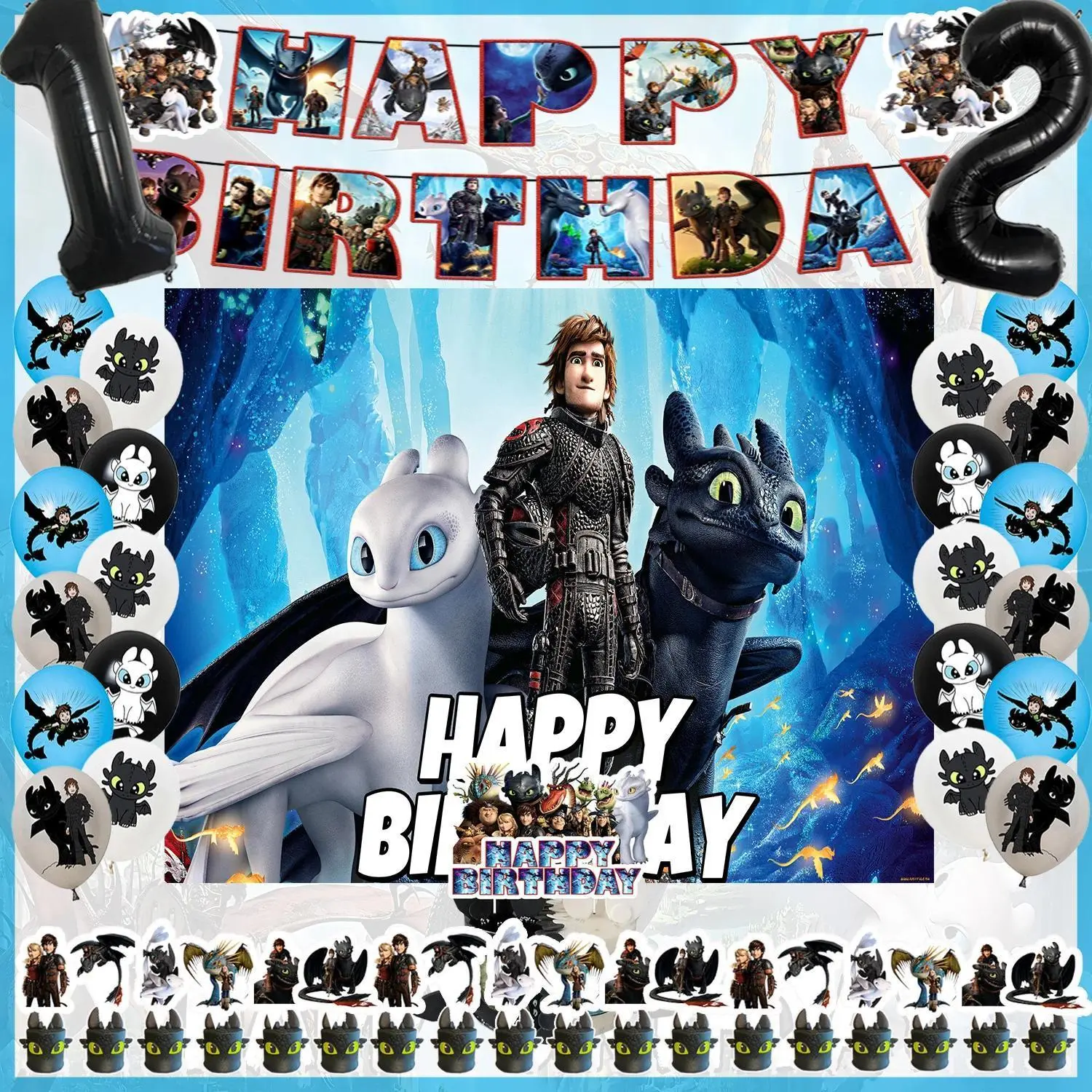 Cartoon&Toothless&Dragons Birthday Party Supplies How to Training Dragoned Balloon Banner Cupcake Topper Backdrop for Kids Party