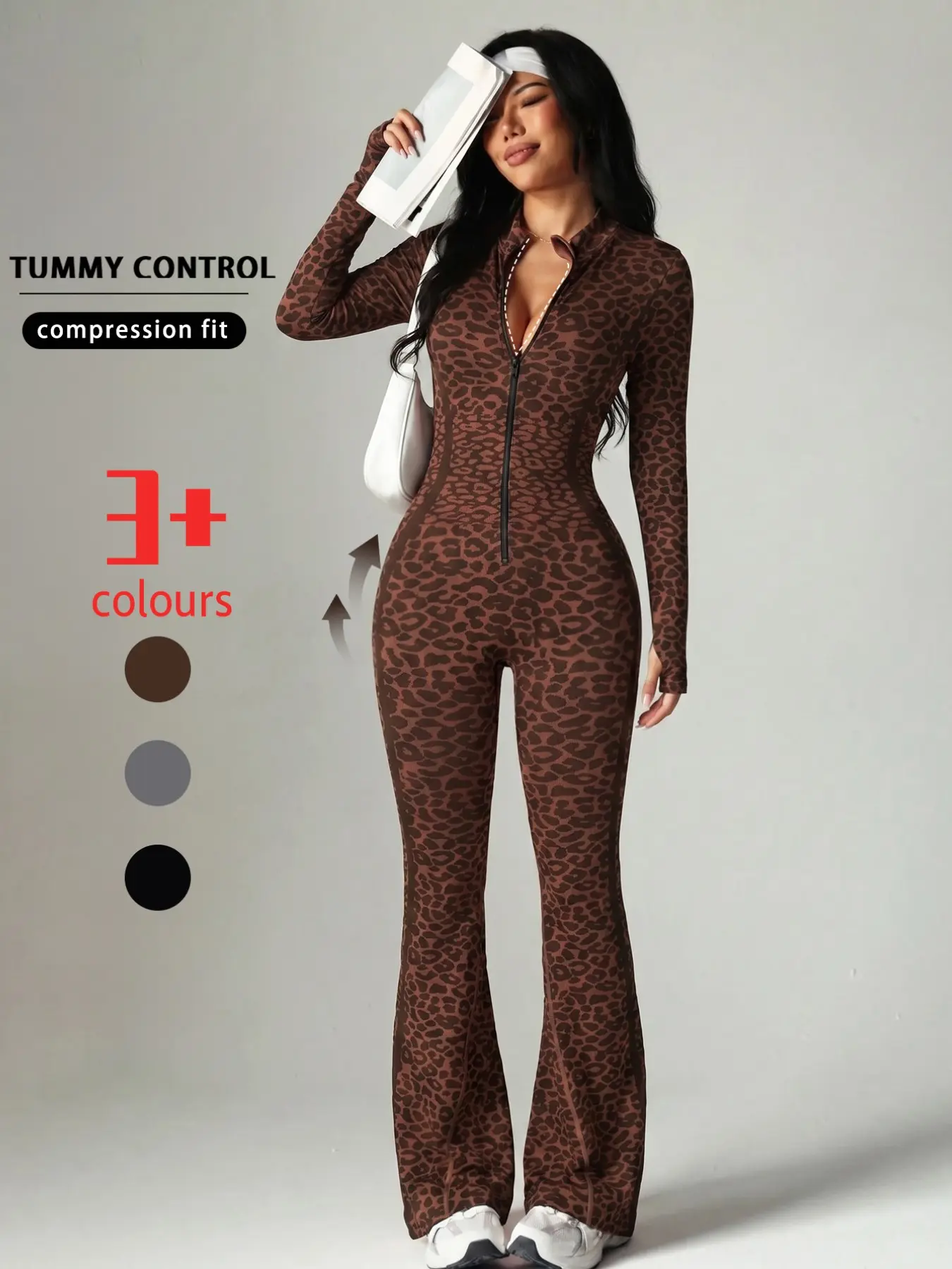 Leopard Print Yoga Set, Flared Pants with Zipper, Long Sleeve Thumbhole Design, Women's Sportswear for Gym and Outdoor Wear