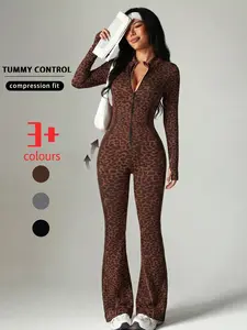 Leopard Print Yoga Set, Flared Pants with Zipper, Long Sleeve Thumbhole Design, Women's Sportswear for Gym and Outdoor Wear, Activewear for Yoga