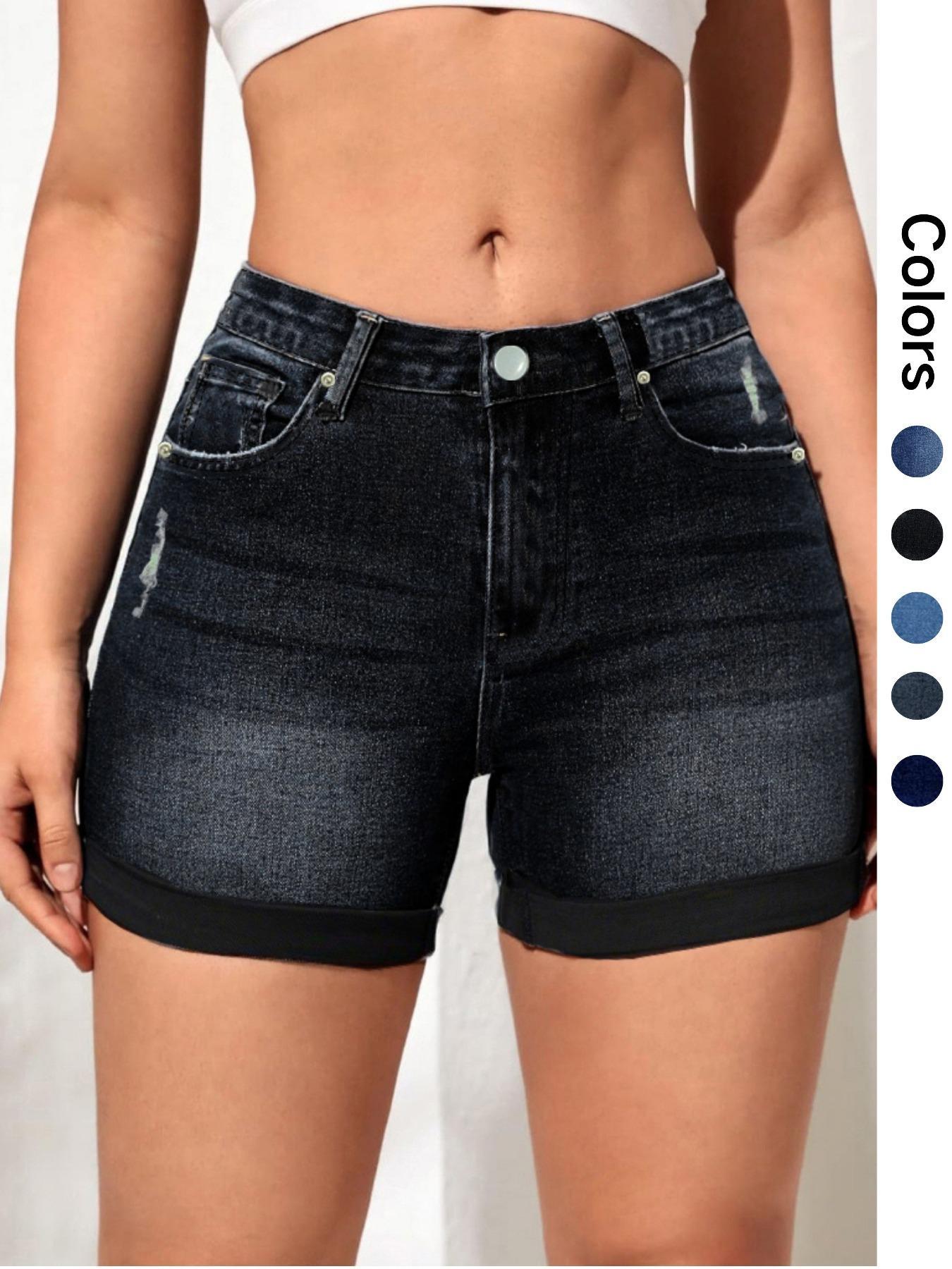 Women's Ripped Pocket Denim Shorts, Casual Stretchy Denim Shorts for Daily Wear, Ladies Bottoms for Summer, Womenswear
