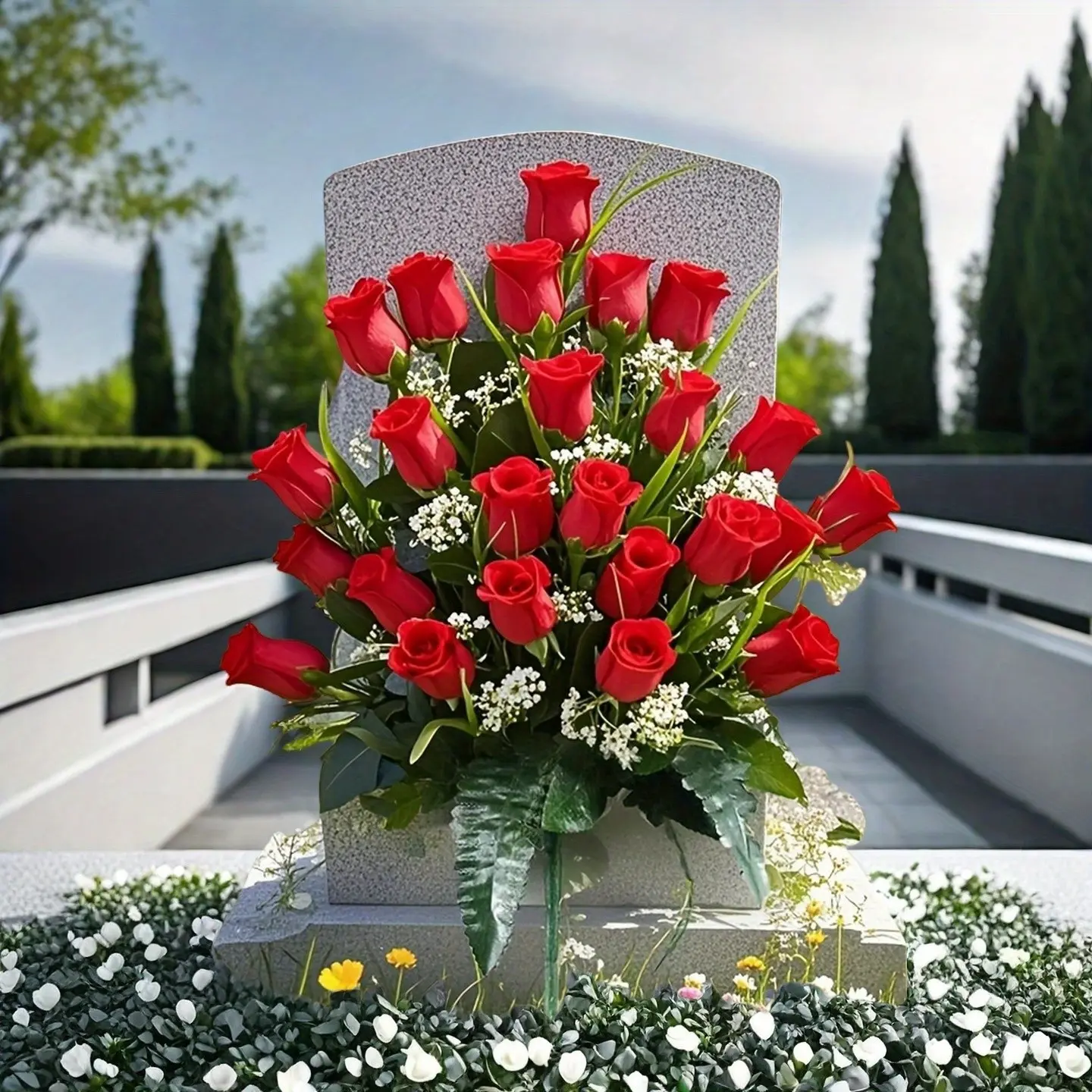2pc Artificial Cemetery Flowers, Roses with Leaves, Weatherproof Memorial Decor, No Maintenance, Outdoor Use