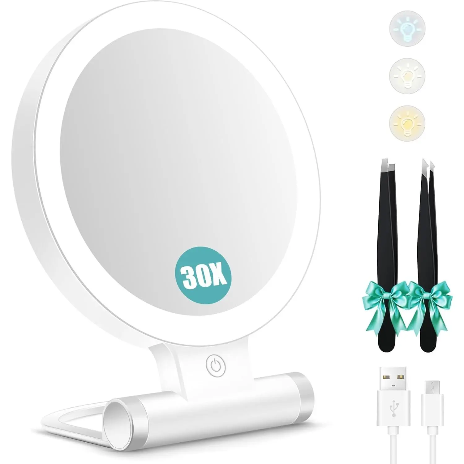 Magnifying Mirror with Light 30X, Double-Sided 1X/30X Magnifying Makeup Mirror with Tweezers, 2000mAh 3 Color Modes with Adjustable Brightness, Foldable Travel Mirror (9" L x 7" W)Gift