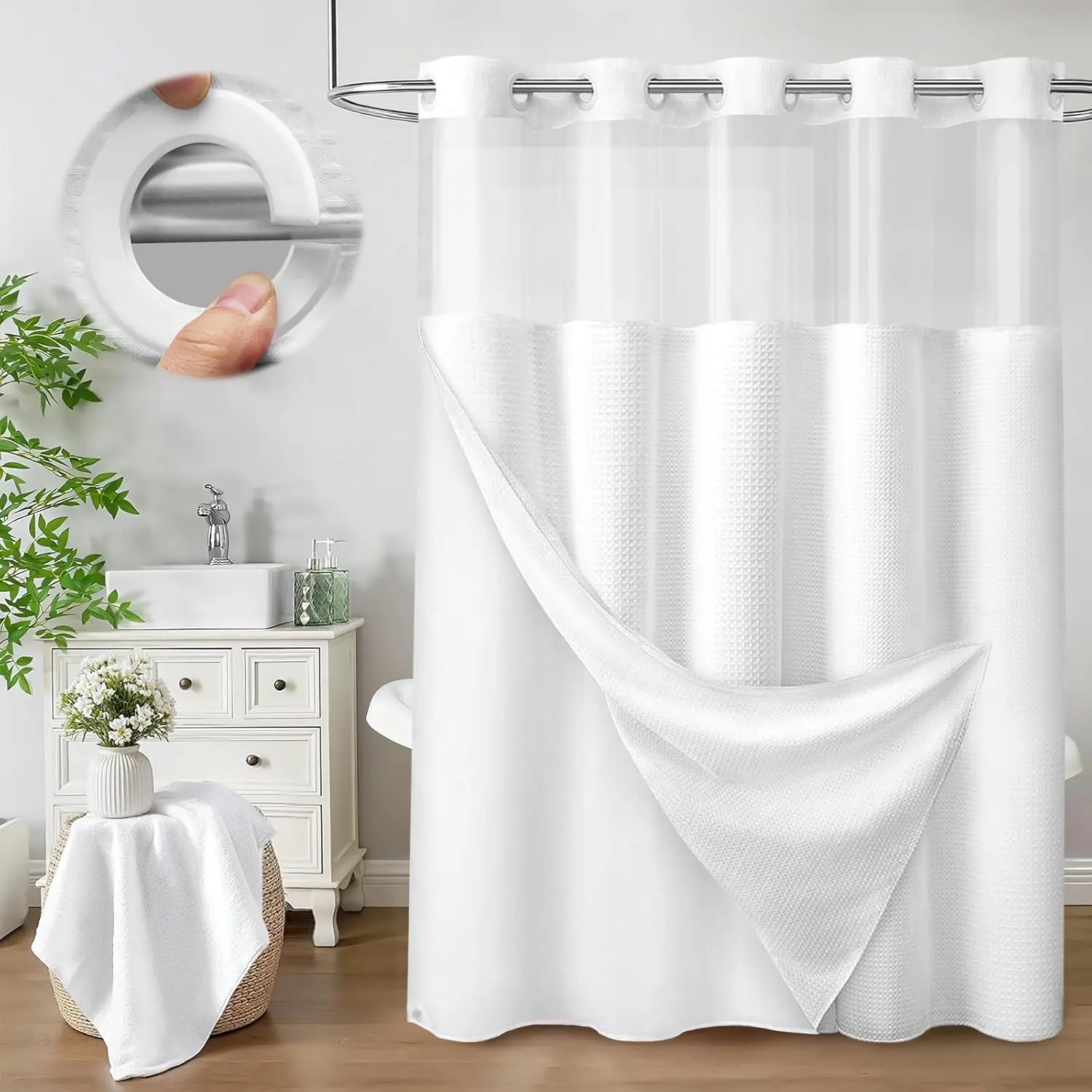 No Hook Shower Curtain with Fabric Liner White Hotel Waffle 75"  x 71" ,Clear Window Shower
