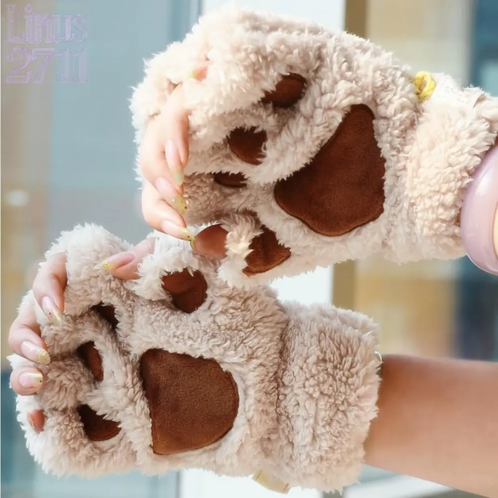 Cartoon Cat Bear Paw Half Finger Plush Gloves Women Thick Fluffy Windproof Writing Touch Screen Thermal Winter Mittens