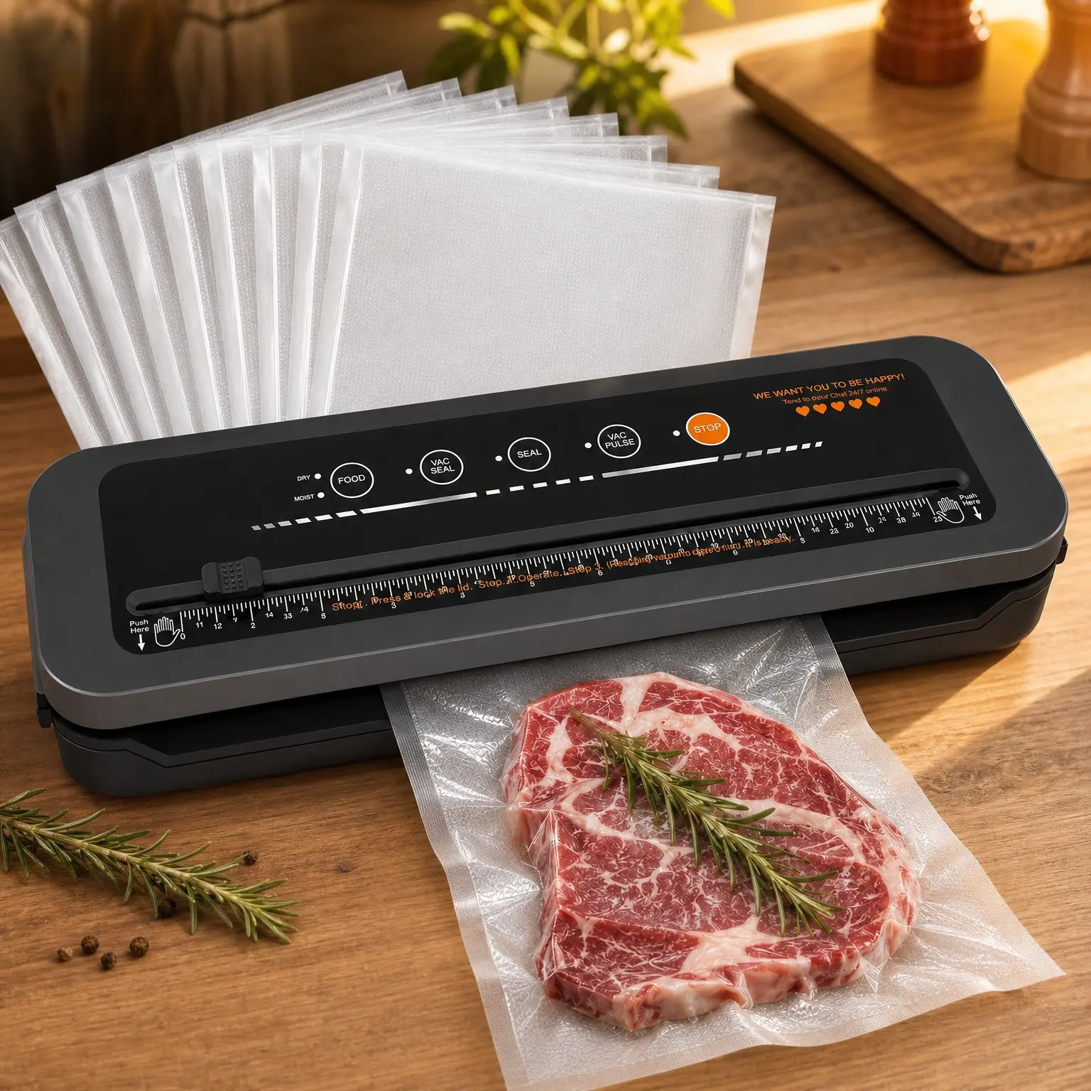 80kPa Powerful Suction Vacuum Sealer with Built-in Cutter, Dry/Wet Modes, One-Touch Automatic Sealing, Includes 10 Vacuum Bags for Meat, Seafood, Vegetables & Freezer StorageGift