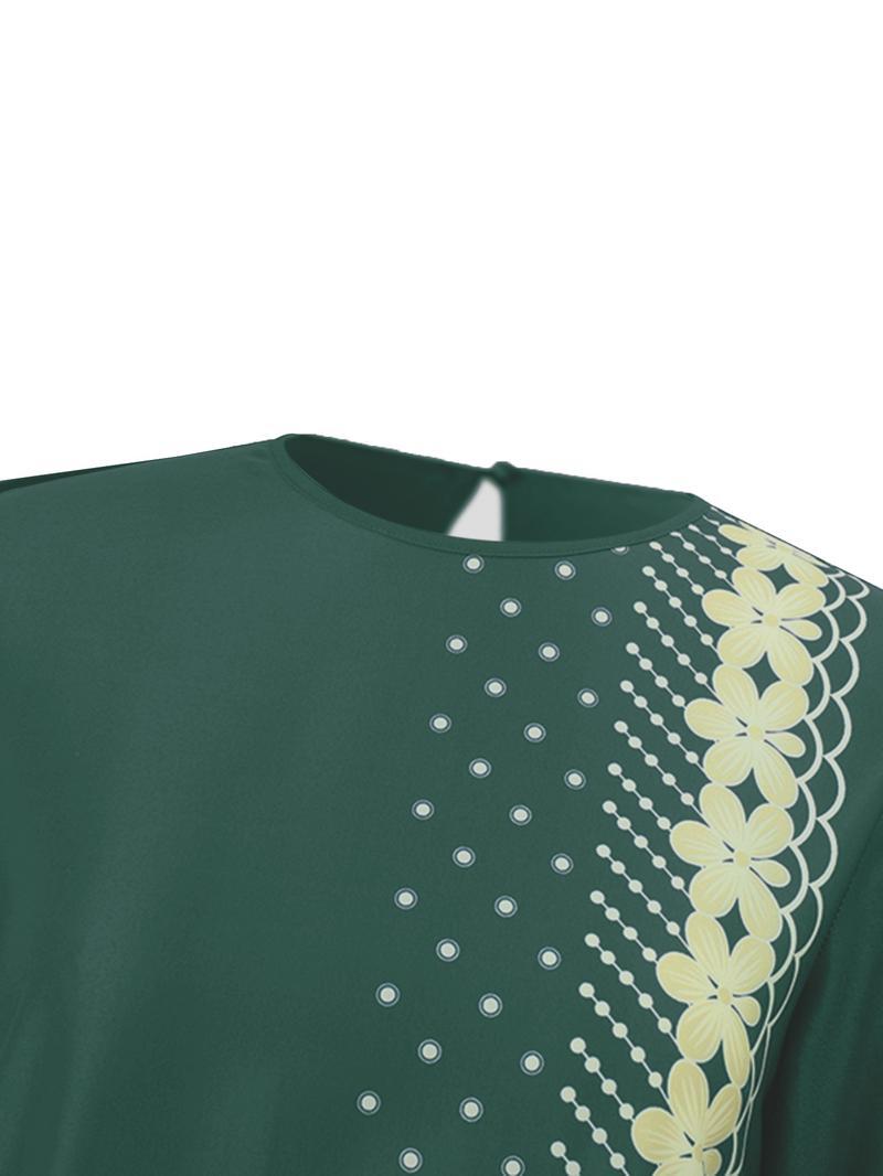 Women's Floral & Dot Print Long Sleeve Maxi Dress, Modest Round Neck Arabian Dress for Daily Wear, Ladies Islamic Clothing for All Seasons