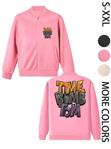 Women's American Street Style Hoodless Bomber Jacket with "TIME BOMB TOM" Print, Lightweight Zip-Up Jacket, American Street Style Print Design, Suitable for All Seasons, Casual & Street Style