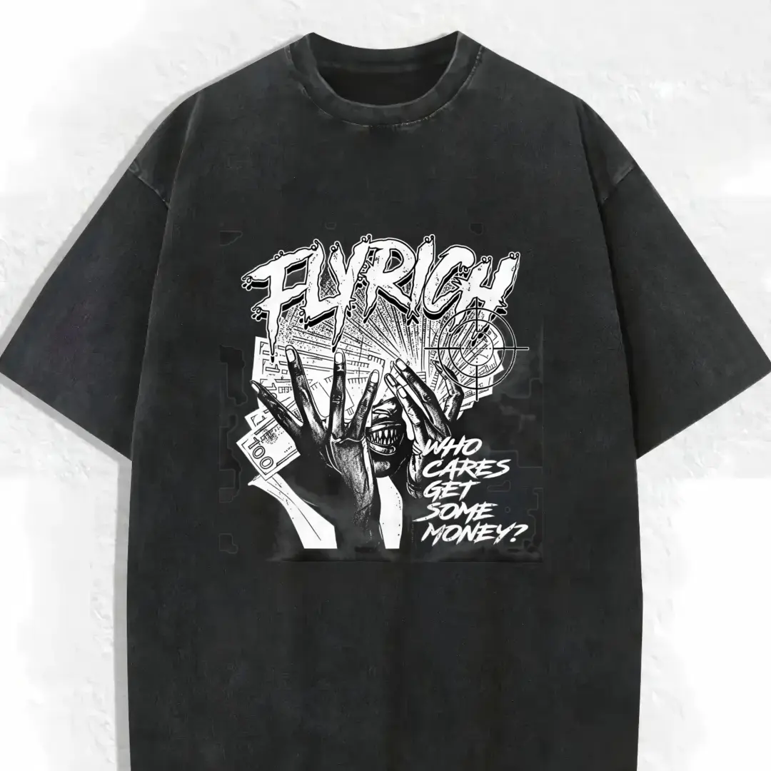Men's Original Soft Short-Sleeve Cotton T-Shirt - Black Funny "Fly Rich Who Cares Get Some Money" Graphic, Casual Summer Streetwear Menswear Gift for Men, Shortsleeve, Tshirt