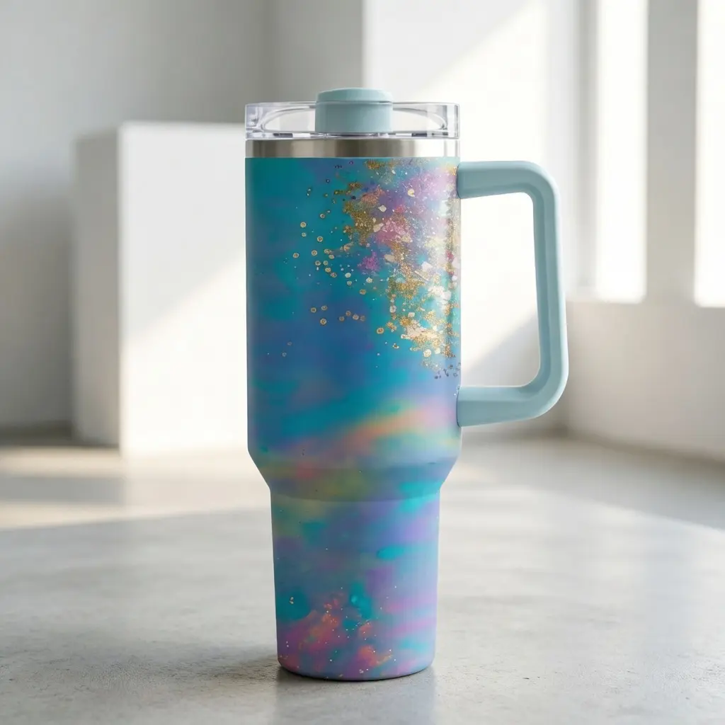 40oz Large Size Printed Pastel Iridescent Teal Galaxy Glitter Stainless Steel Insulated Tumbler - Portable Vacuum Flask, Water Bottles, Handle, Leakproof Lid, Straw, Hot & Cold Preservation, Aesthetic Gift for Women, Office Use, Gift Idea