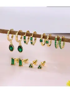 Dainty Emerald Green CZ Earrings for Women, 6 Pairs Small 14K Gold Hoop & Stud Set for Multiple Piercings