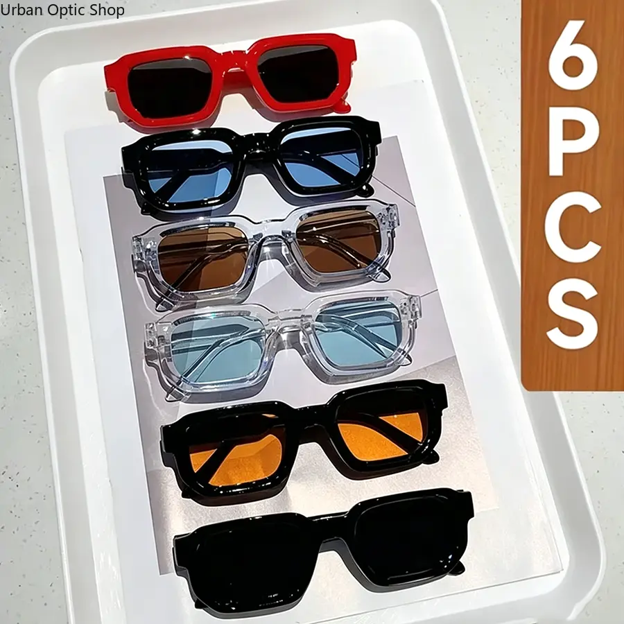 XUH 6PCS/Set Women's Vintage Rectangle Frame Sunglasses, Retro Fashion Luxury Design Eyewear for Men, Womens Sunglasses