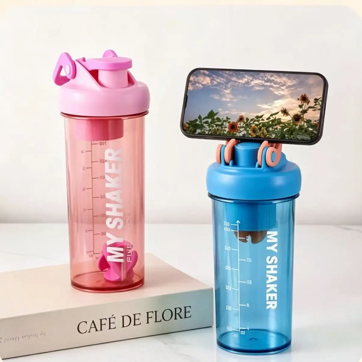 Portable Creative Multi-Functional Phone Stand Shaker Cup, Fitness Outdoor Protein Mixer Juice Cup, Sports Water Bottle, Protein Shaker Bottles