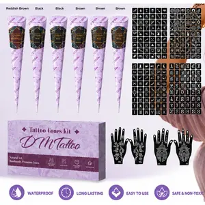Natural Henna Tattoo Cones Kit 6 Pcs Multi Shades Temporary Mehndi Paste with Tattoo Stencils, Waterproof Safe Long Lasting DIY Body Art Temporary Tattoo Set for Girls & Women