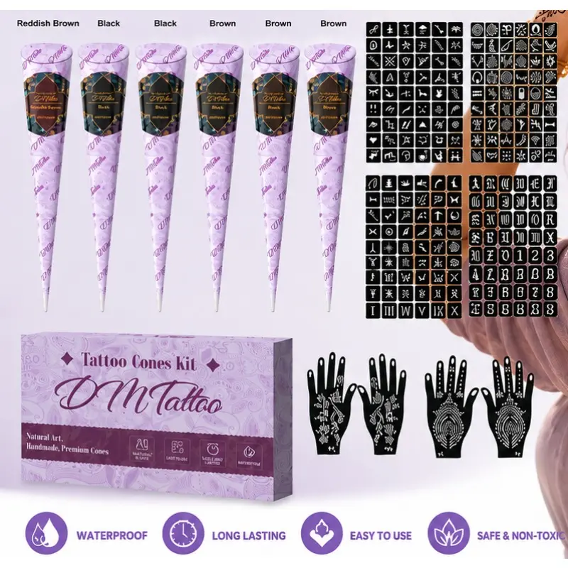 Complete Natural Mehndi Tattoo Kit 6 Color Paste Cones with Tattoo Stencils, Waterproof Safe Long Lasting Temporary Henna Tattoo Set for Women Festival DIY Hand Art, Body Art