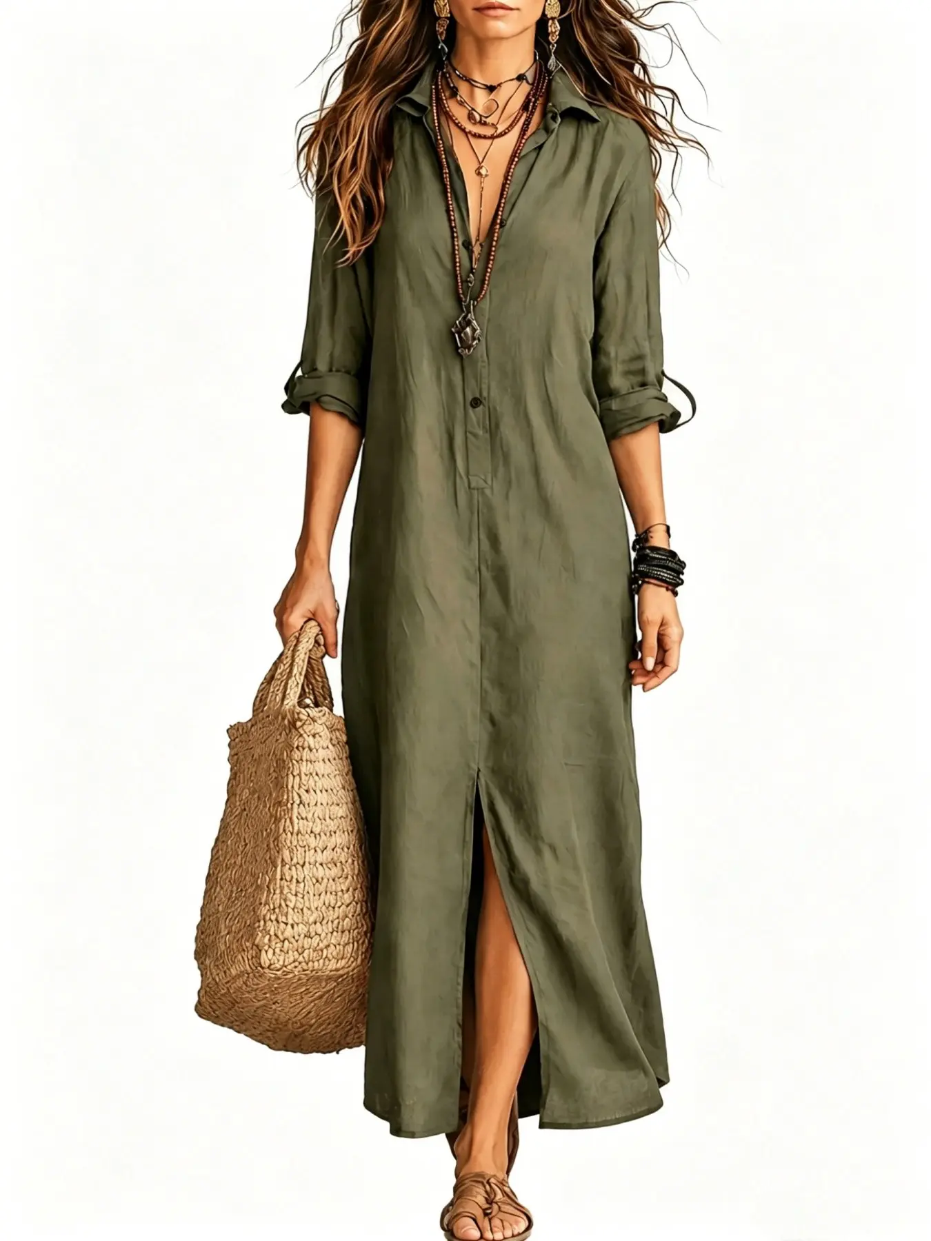 Military Long Sleeve Shirt Cotton Linen Dress, Casual Bohemian Style, Turn-Down Collar, Roll-Up Sleeves, High Split Hem, Breathable Fabric