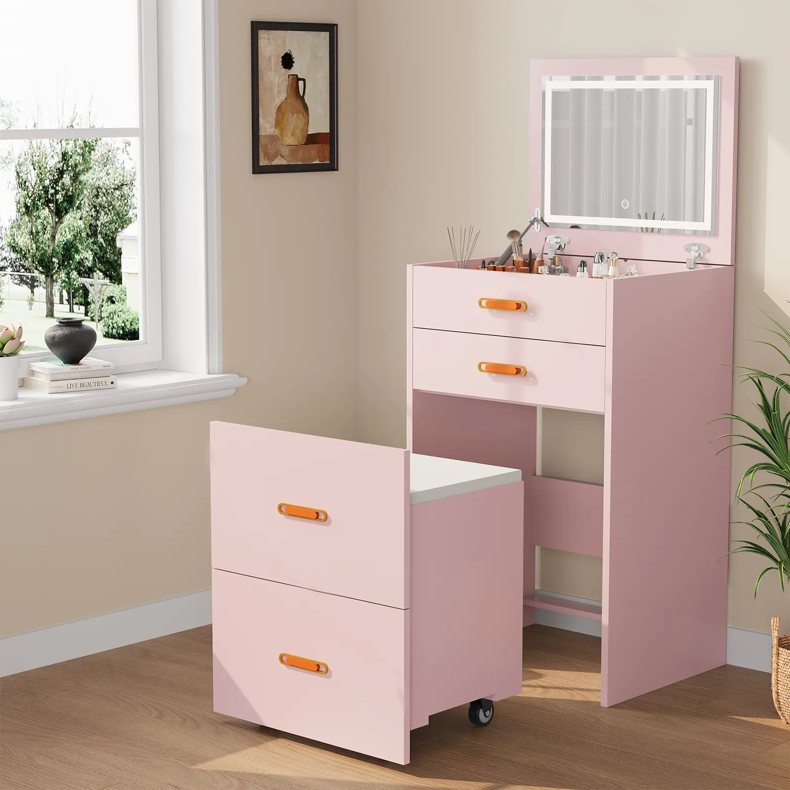3-in-1 Compact Vanity Table with LED Adjustable Mirror, Storage Nightstand & Rolling Chair Makeup Set for Apartment Girls Bedroom dresser organization