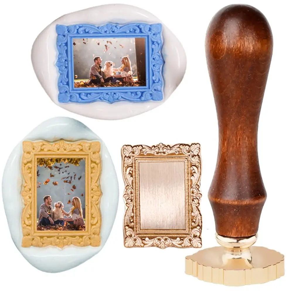 3D Embossing Frame Wax Seal Stamp with Rosewood Handle, Vintage Floral Photo Frame Design, Ideal for Wedding Invites & Gift Wrapping Decor