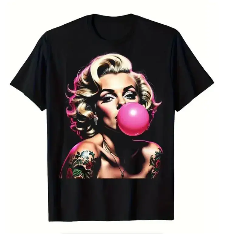 Men's Vintage Pin-Up Tattoo Graphic T-Shirt with Bubblegum Print, Soft 100% Pure Cotton Casual Short Sleeve Top, Shortsleeve, Fabric, 4Xl, Round Neck, Humorous Bubblegum Print, Loose-Fitting, Menswear, Tshirt, Plus Size Clothes, S To 4Xl