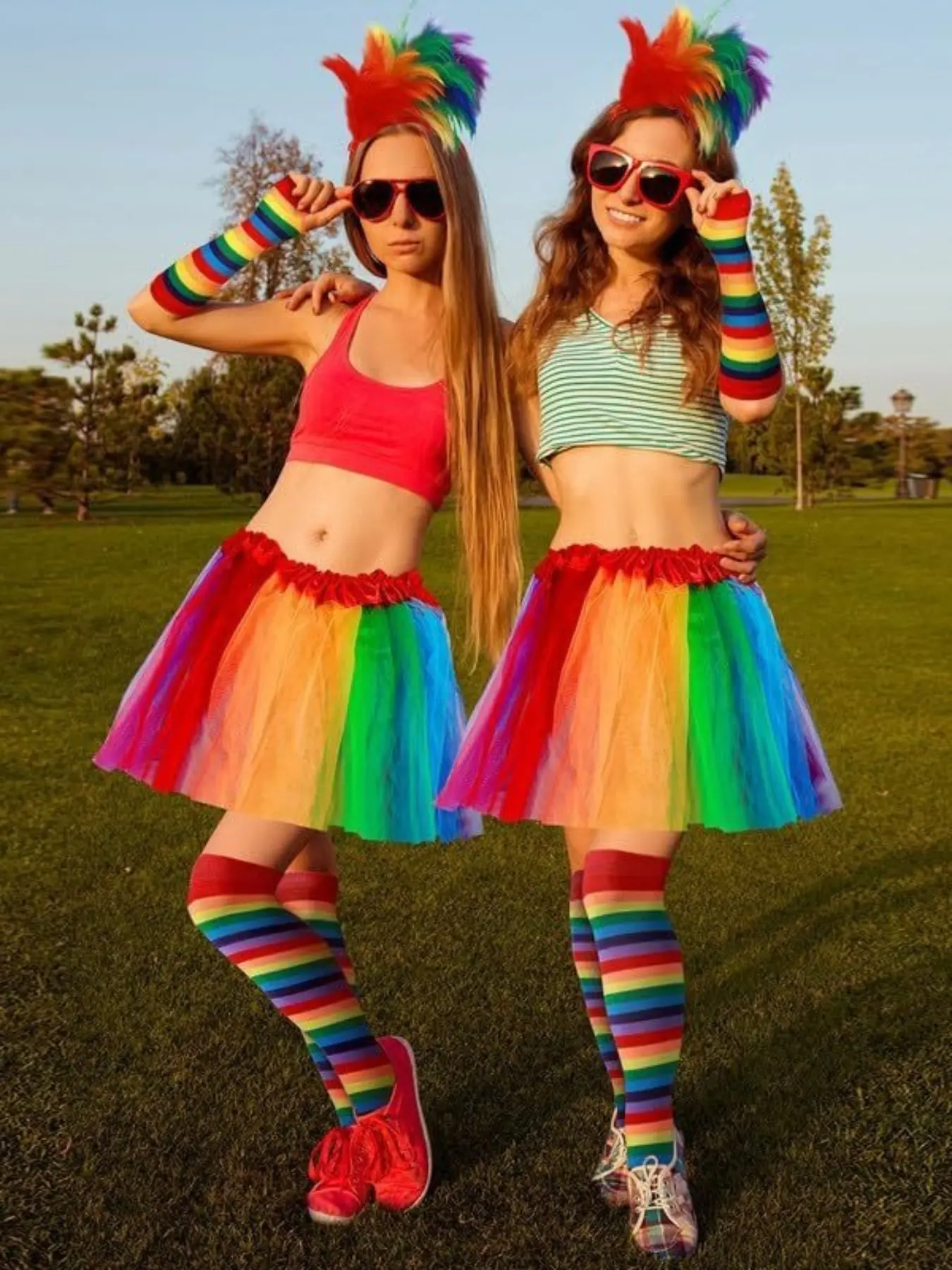 Rainbow Party Set Adult Tutu Skirt + Stockings + Gloves + Feather Scrunchie Holiday Show Dress