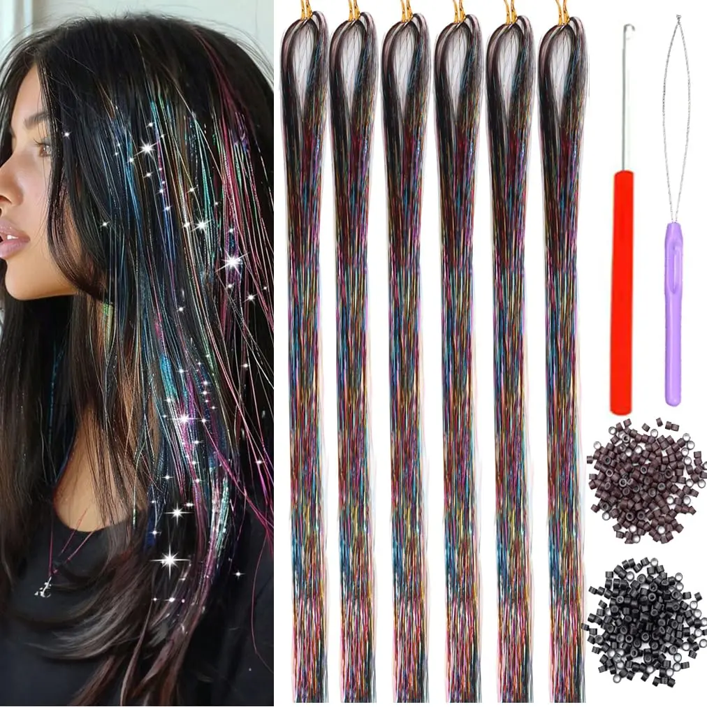 Rainbow Hair Tinsel Kit With Tools 48 Inch 6 count 1200 Strands Glitter Tinsel Hair Extensions Sparkling Shiny Fairy Tinsel Hair Accessories for Women Girls(48inch,Rainbow)