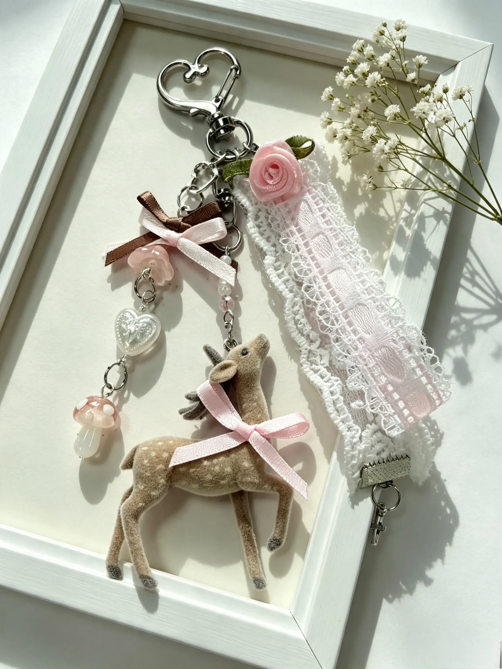 Vintage Flocked Sika Deer Keychain, Lace Ribbon, Flower Pearl Beads, Cottagecore Bag Charm, Girly Gift for Her