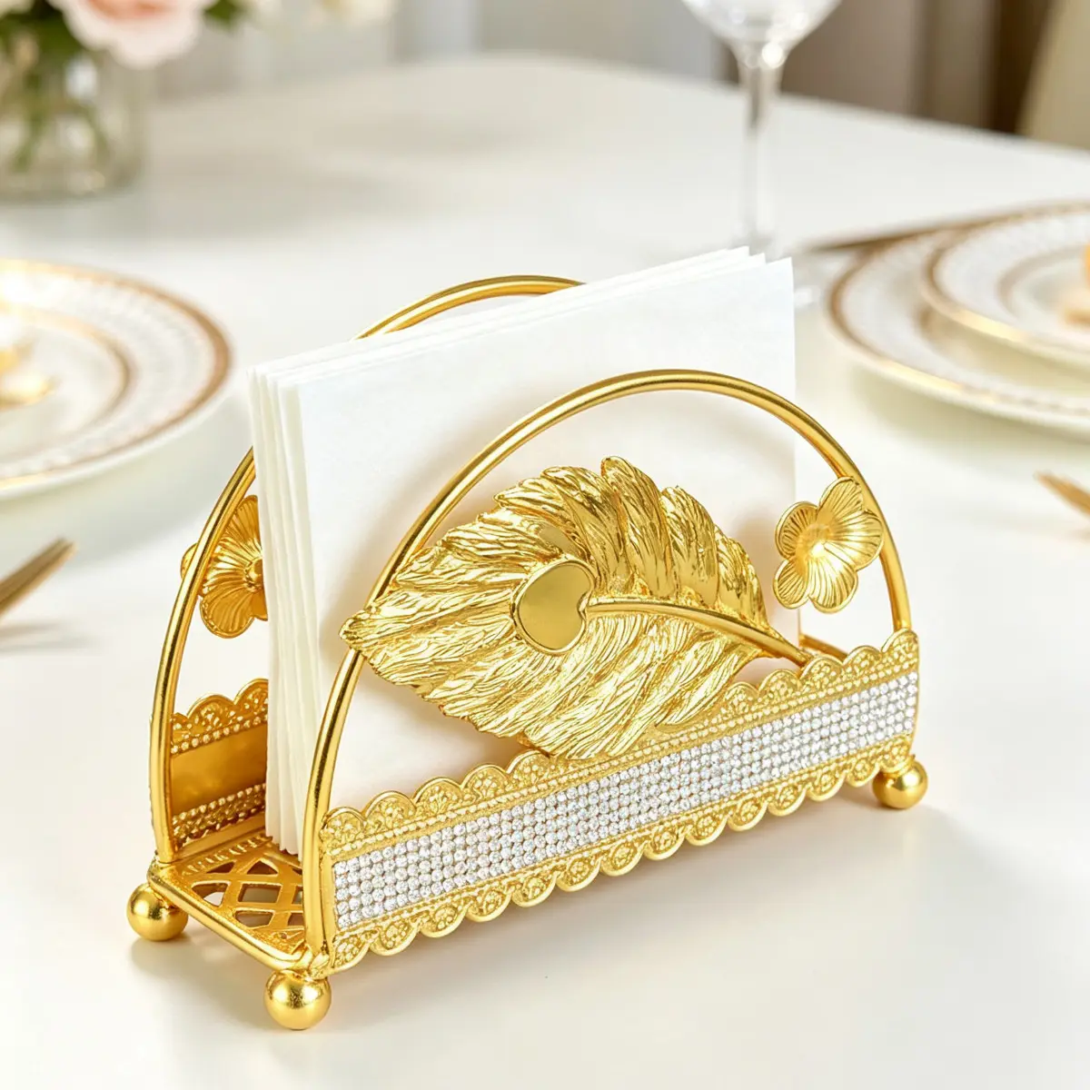 Luxury Gold Feather Napkin Holder, Desktop Metal Construction Paper Towel Rack, Dual-Use Decorative Tabletop Decor, Elegant Luxurious Home Accessory, Modern Design, Dining Area